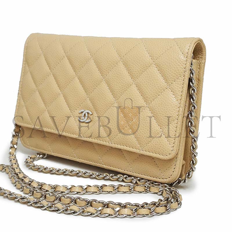 CHANEL CLASSIC COCO MARK WALLET ON CHAIN SHOULDER BAG IN CAVIAR LEATHER WITH SILVER HARDWARE AP0250 (19*13*3cm) 